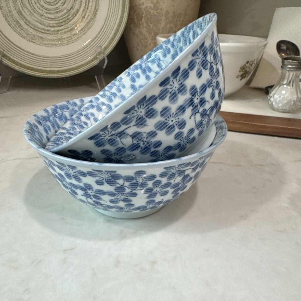 Set Of 2 Vintage Japanese‎ Blue And White Rice Noodle Udon Bowls